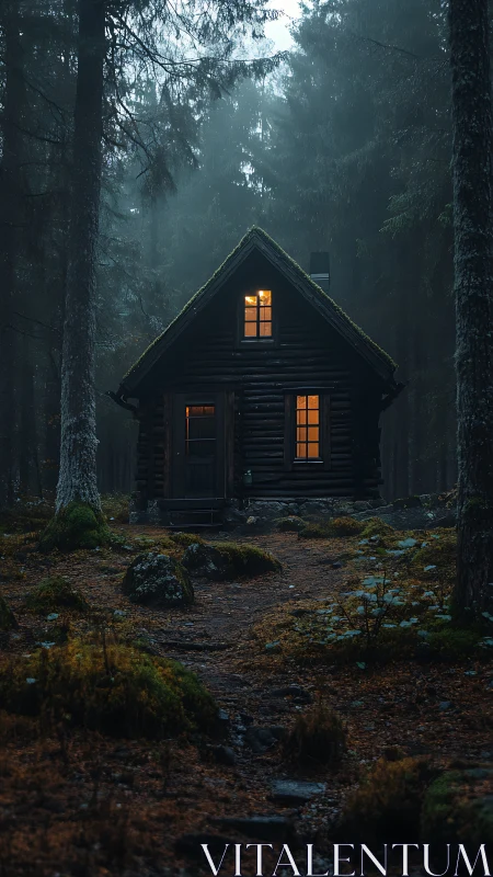 Illuminated Woodland Cottage Among Towering Evergreens in Mist.