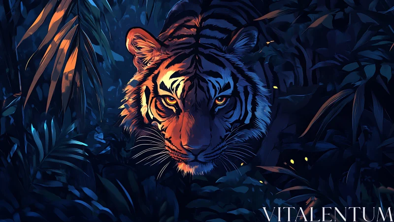 Midnight jungle tiger ignites the shadows with molten eyes.