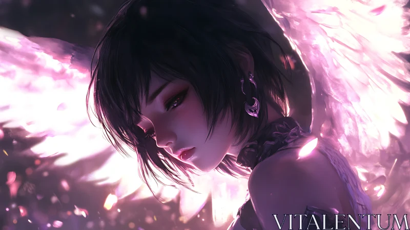 Luminescent winged girl in soft backlight with pink petals