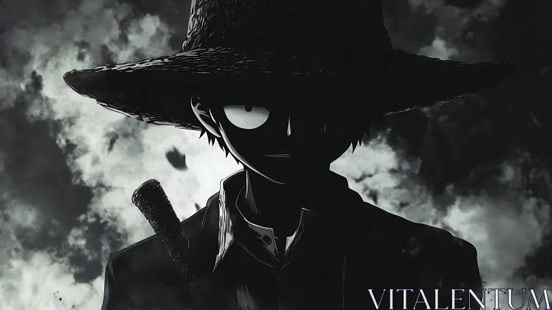 Mysterious straw‑hatted wanderer in stormy monochrome night.