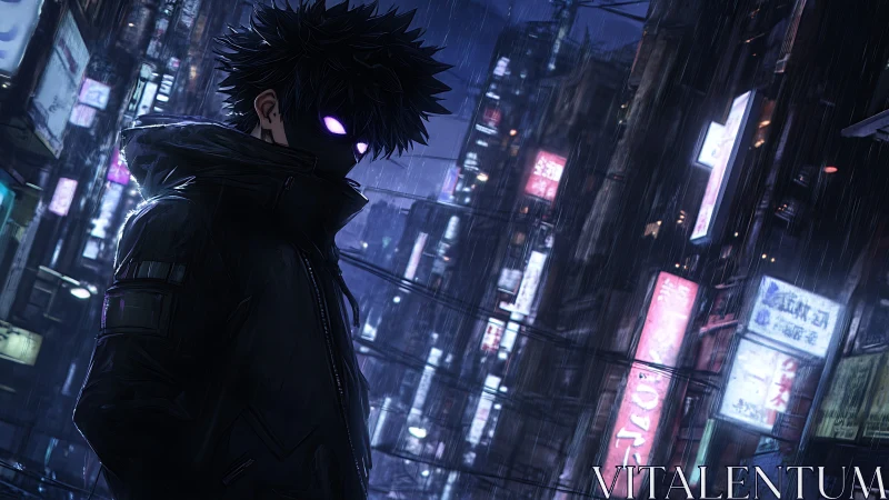 Cyberpunk vigilante in neon-soaked rainy alleyway composition.