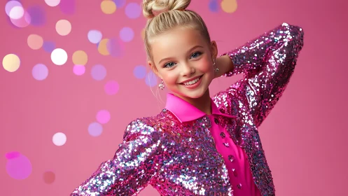 Smiling girl in pink sequin jacket against bokeh backdrop.