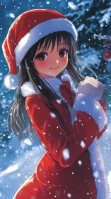 Snowfall portrait of anime girl in red Santa coat and hat
