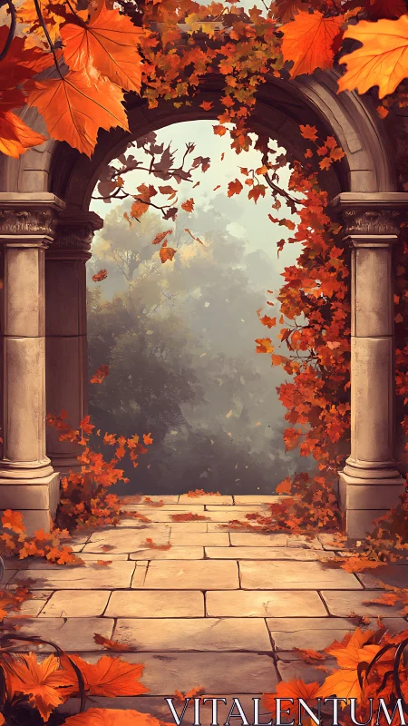 Stone archway framed by vivid autumn leaves in misty light.
