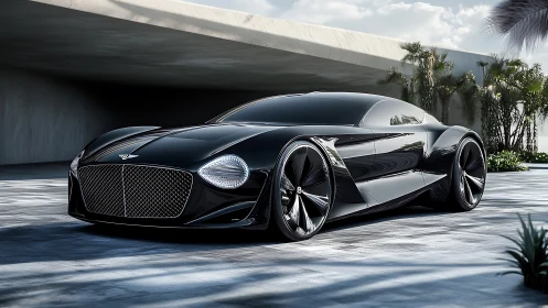 Black futuristic luxury coupe under modern concrete canopy.