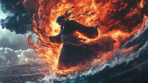 Fire-cloaked warrior strides through crashing storm waves