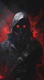 Hooded gas-mask figure stands before dense red smoke field