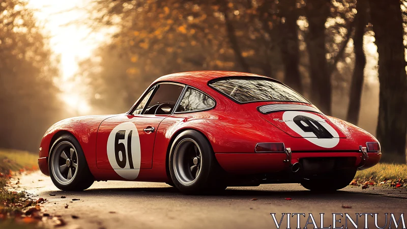 Red vintage race car parked on tree lined road at dusk.