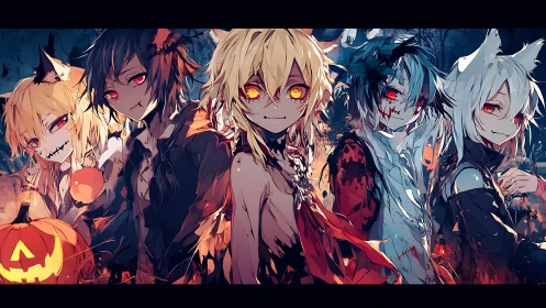 Demonic fox teens in fiery Halloween street tableau.