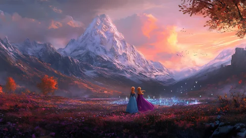 Sisters in bright gowns greet a spellbound twilight valley
