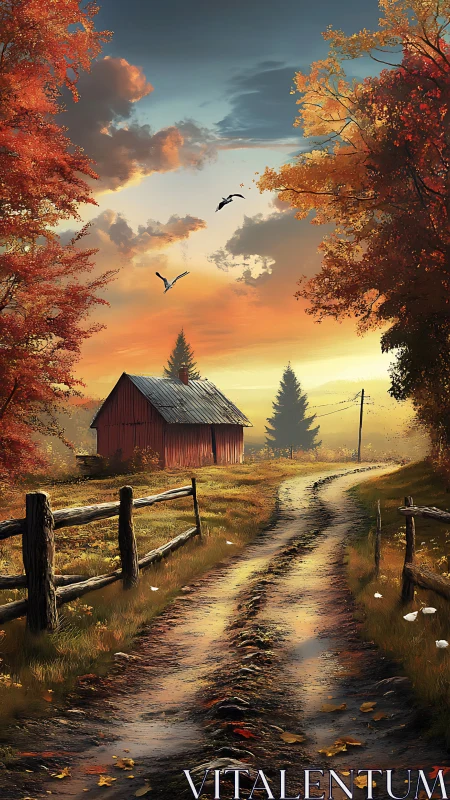 Golden country lane curving past a quiet red autumn barn.