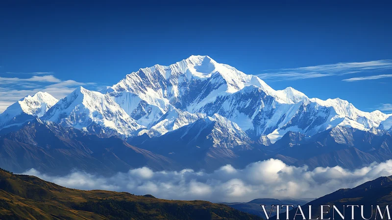 Sky-braided alpine giant crowned in sunlit sapphire calm.