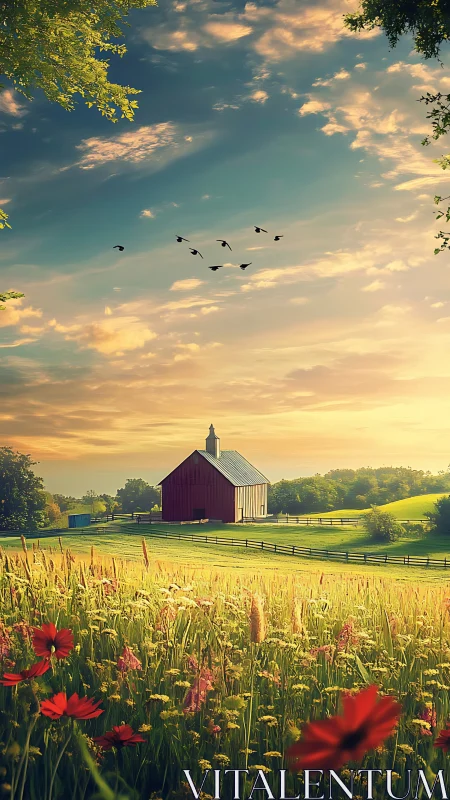 Sunlit rural barn in wildflower meadow under golden dusk sky
