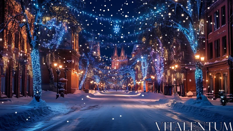 Snowlit boulevard hums softly beneath jeweled winter lights