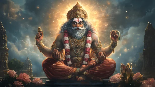 Divine bearded deity seated in lotus pose amid temples.