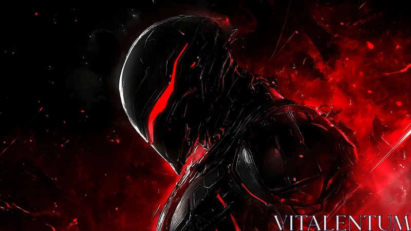 Red-illuminated exoskeletal cybernetic warrior in kinetic void.
