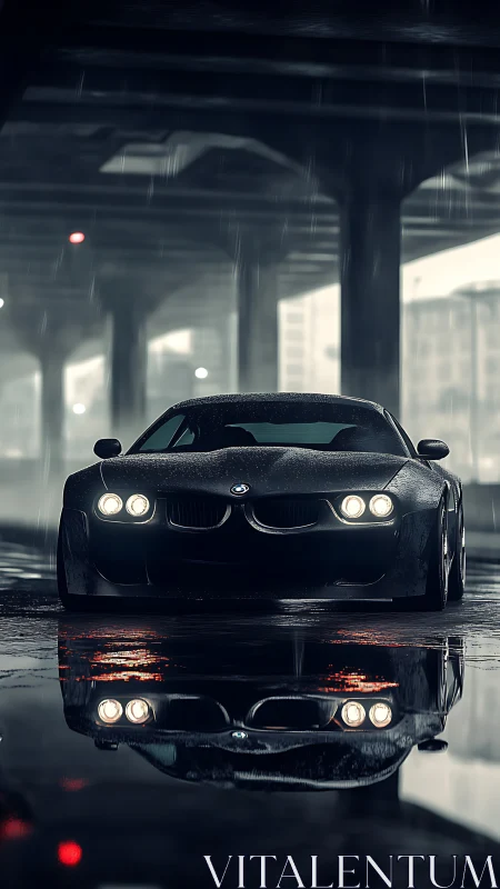 Dark BMW sports car under city bridge in heavy rain.