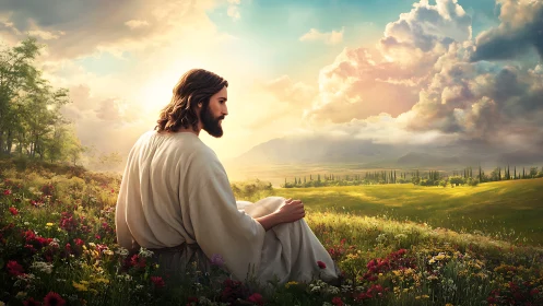 Gentle robed figure rests peacefully in a sunlit wildflower field