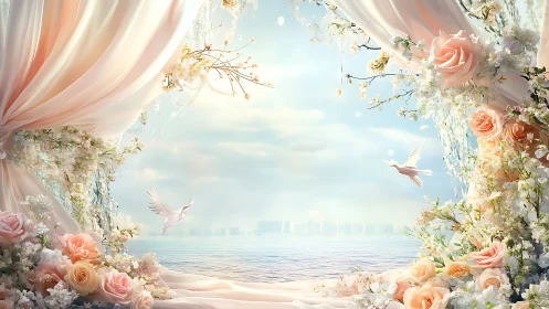 Petal-draped seaside archway where doves greet the dawn.