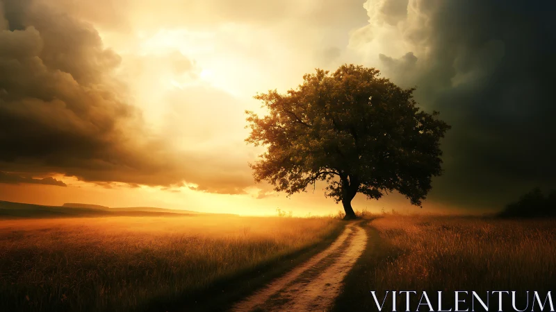 Solitary field tree under high-contrast stormlit sunset sky.
