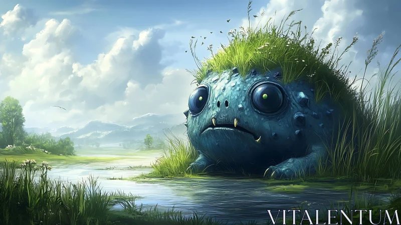 Gentle mossy swamp creature rests quietly by a still pond