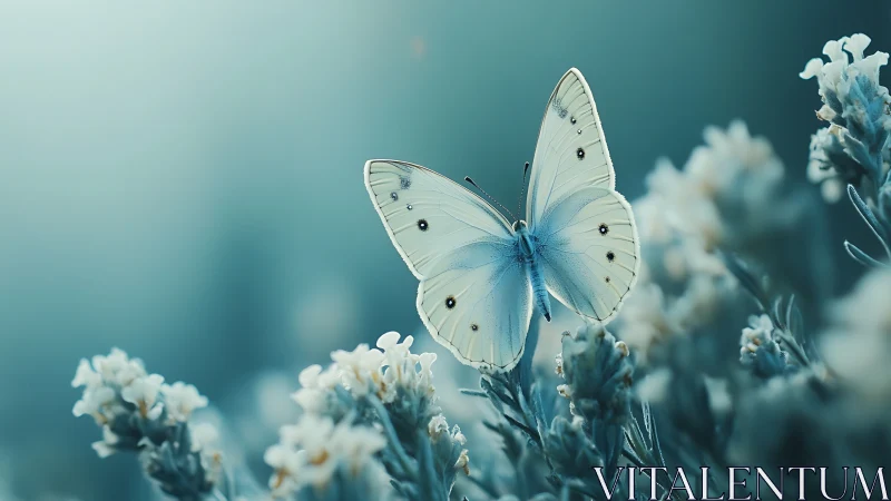 White butterfly rests on desaturated flowers in soft focus