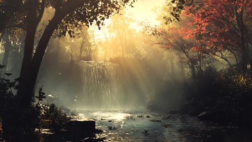 Backlit forest waterfall with autumn foliage and misty creek