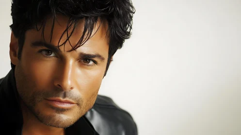 Velvet gaze slices through soft light and polished leather calm