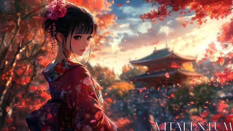 Elegant kimono girl gazes back amid glowing autumn shrine
