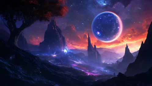Celestial valley glows beneath colossal sapphire planet horizon.
