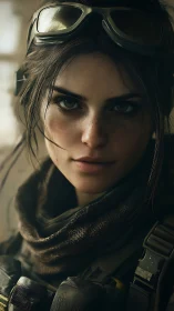 Photorealistic female soldier portrait in tactical gear.