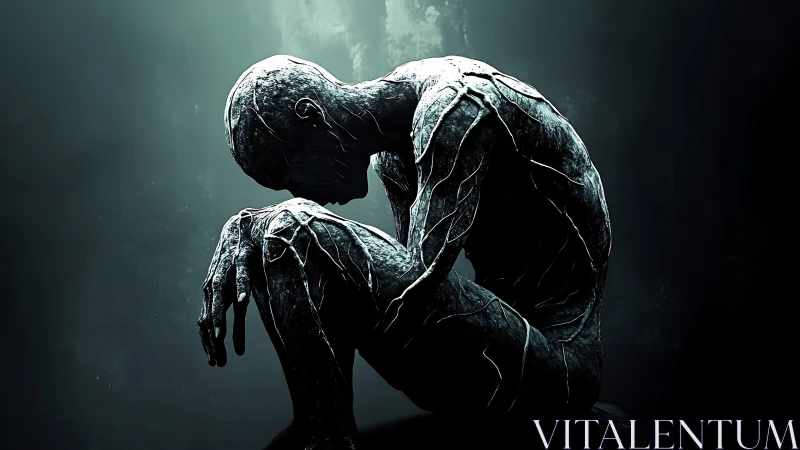 Stone figure curls inward under dim cyan backlight