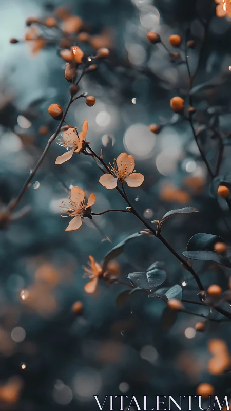 Midnight teal garden where copper blossoms quietly glow.