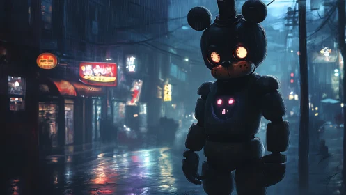 Rain-soaked neon alley with menacing animatronic bear sentinel.