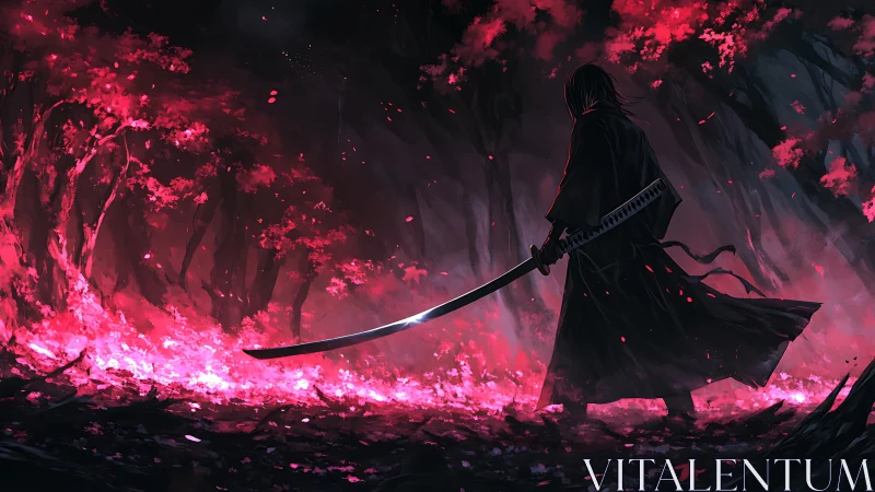 Solitary swordsman in red-illuminated forest at night.