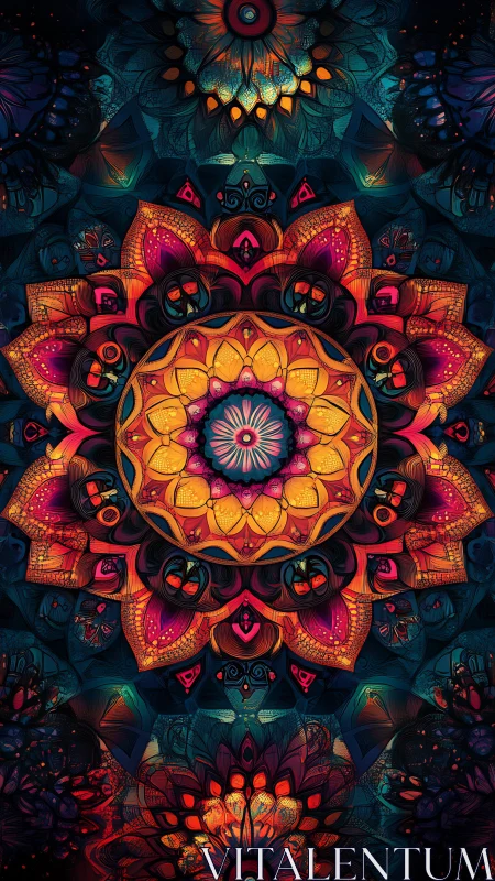 Symmetrical digital mandala with layered floral geometry.