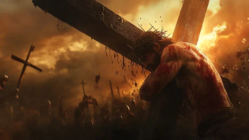 Crowned male figure carrying wooden cross in burning sky.