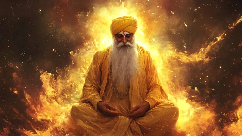 Meditative elder in radiant golden cosmic firestorm.