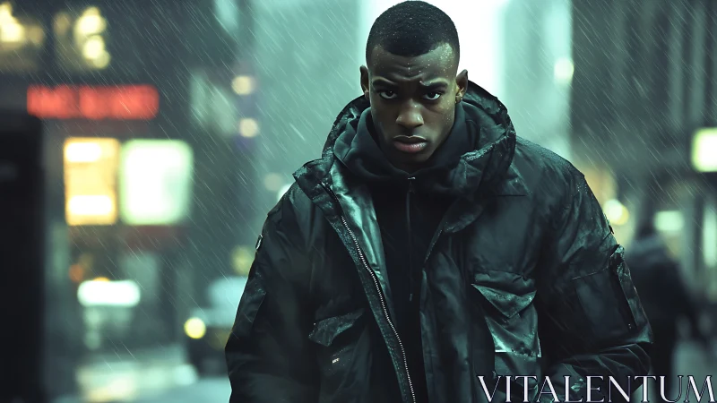 Man in dark jacket walking through rainy city street scene.