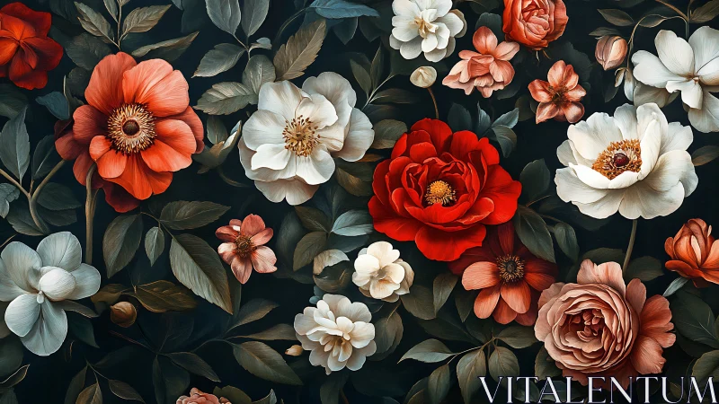 Dark Floral Pattern with Red and White Blooms.