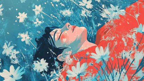 Digital portrait of reclining figure amid abstract wildflowers