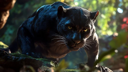Black Panther in Dappled Forest Light.
