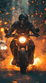 Motorcyclist in black leathers cutting through urban firestorm