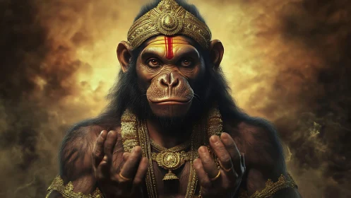 Simian deity in ornate gold regalia amid burning clouds.