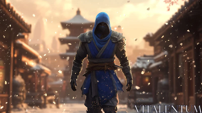 Hooded ice warrior strides through snowlit temple street