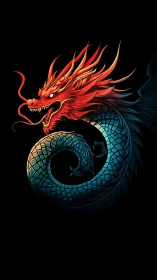 Fiery red serpent dragon coiled on black void background.