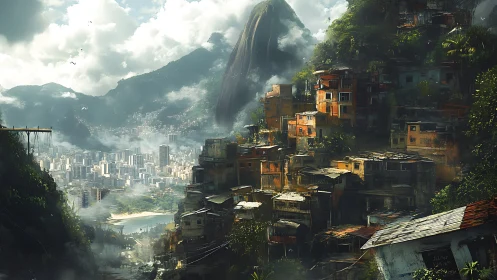 Hillside shantytown overlooks misty futuristic coastal city.