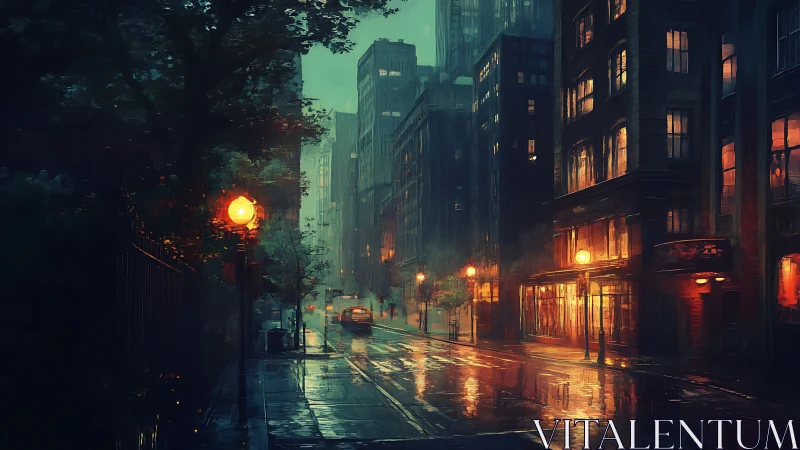 Rainwashed city avenue glowing with lonely amber windows.