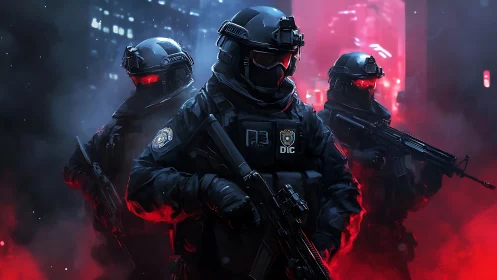 Tactical cyber-squad advances through neon red fog.