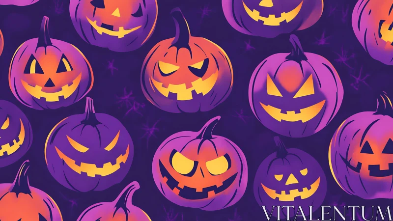 Glowing jack o&rsquo; lantern parade in neon purple Halloween night.